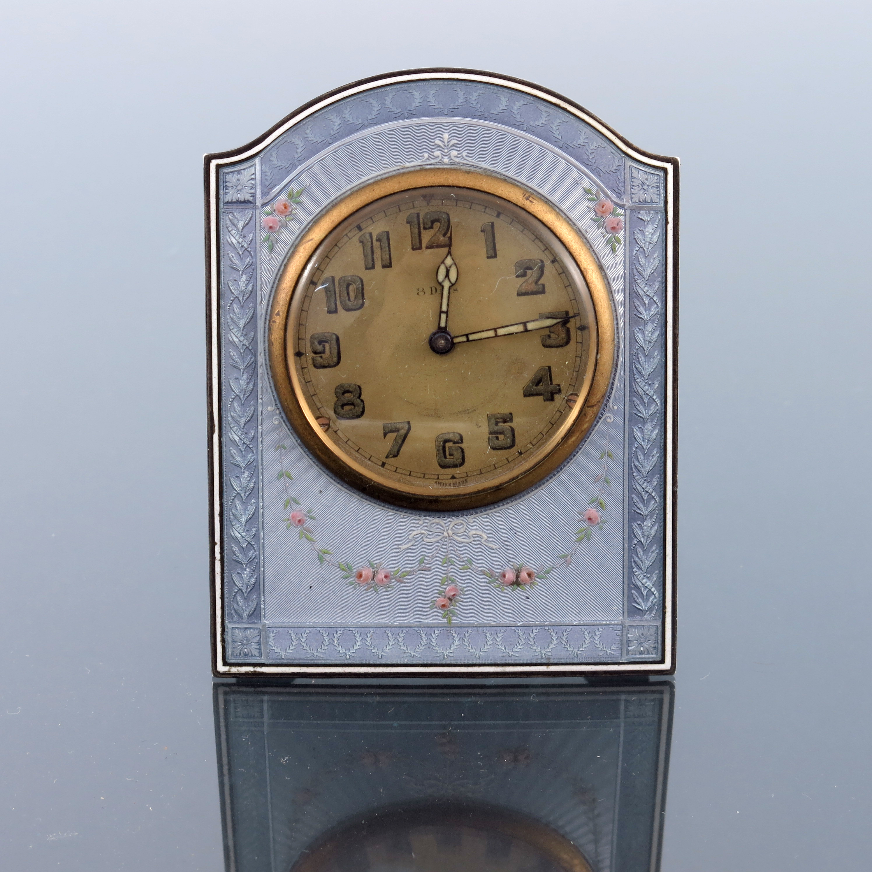 A Swiss silver gilt and enamelled clock, Hase import marks for London 1920, domed rectangular - Image 2 of 6