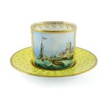 Stefan Nowacki for Lynton, a yellow ground painted and jewelled coffee can and saucer, the central
