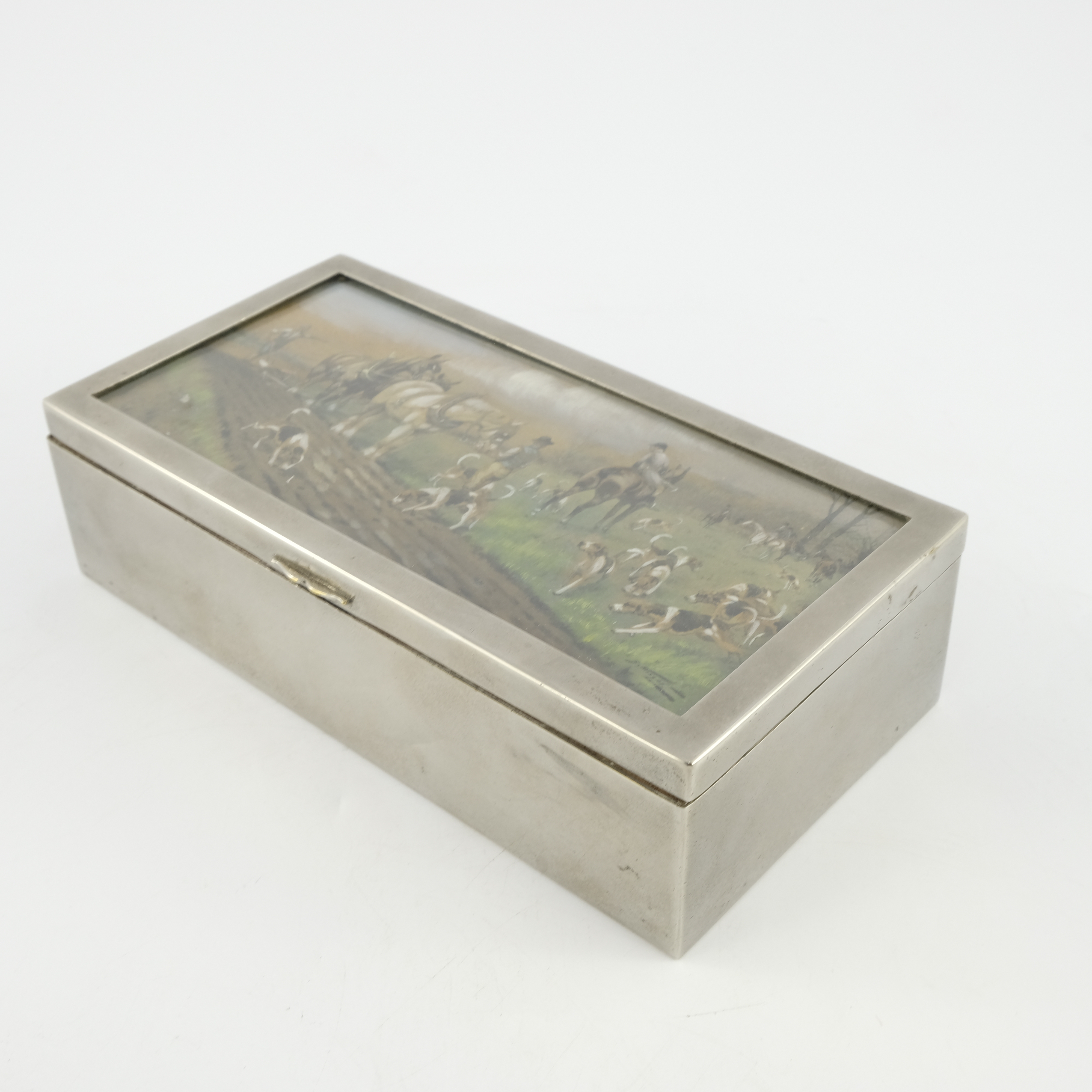 An Edwardian electroplated table cigarette casket of hunting interest, the cover with an inset - Image 2 of 4