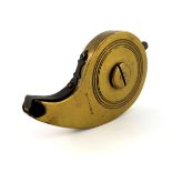 A 19th Century Dixon & Sons brass percussion cap dispenser, of snail form with ring turned body,