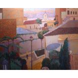 Olwen Tarrant FROI (British, 1927), Village in Pollensa, artist's collection label verso, oil on can