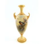 Ernest Barker for Royal Worcester twin handled blush ivory pedestal vase, inverse baluster form,