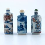 Three various Chinese porcelain snuff bottles, each of cylinder form, blue and white and iron red