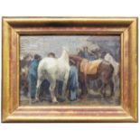 British School, 20th Century, At the Races, oil on board, 14 by 20cm, framed, with an interior