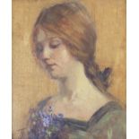 J.M. (British, early 20th Century), portrait of a young suffragette, bust length in a green dress