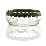 A French Art Nouveau silver mounted and etched glass bowl, glass etched with irises, lower relief mo