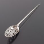 A George III silver mote spoon, circa 1780, the rattail bowl pierced with scrolling foliate