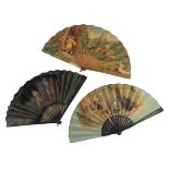 Three large pictorial fans from the 1890’s, the first printed on black silk satin, with a scene of t