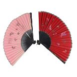 Two very large decorative Chinese fans, late 19th century, each leaf mounted on stained wood with go