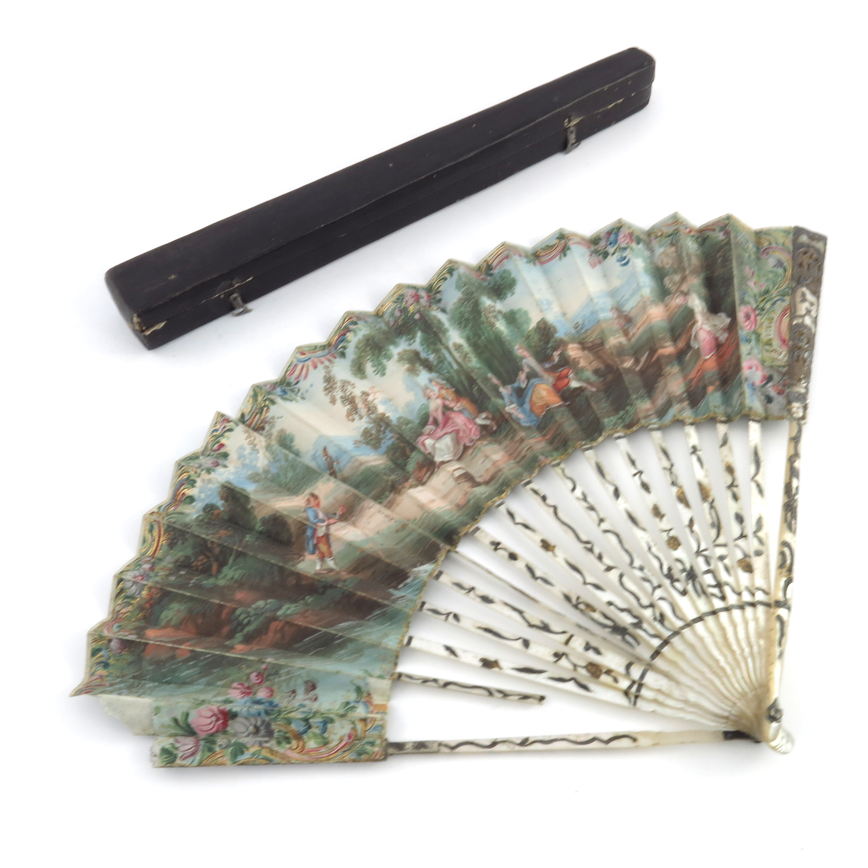 A slender 18th century fan with Mother of Pearl monture, the guards extensively carved and pierced w - Image 5 of 5