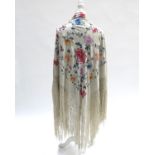 A 1900 – 1930’s Canton Chinese cream silk piano shawl, embroidered with flowers in purple and lilac,