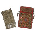 Two ottoman embroidered bags or pouches, the first very fine, with several embroidered features in s