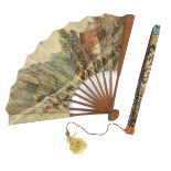 A 19th century Chinese cockade fan, the deep purple, shaped paper leaf fitted to wood guards, lacque