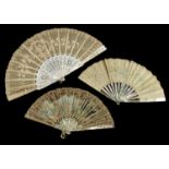 Three fans, the first a c 1870/80’s white Mother of Pearl example, the guards and gorge decorativel