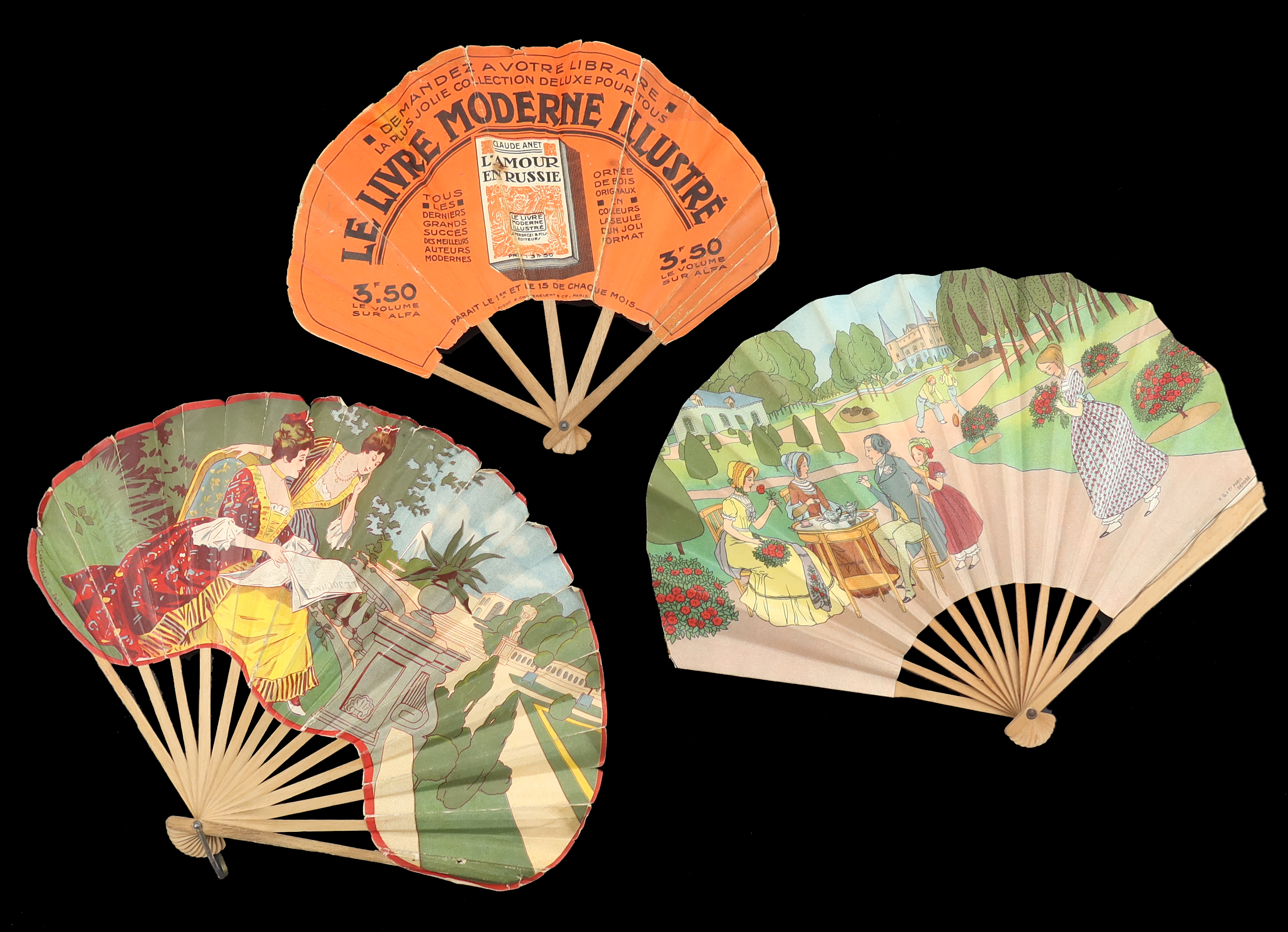 Three early 20th century French advertising fans of ballon form, relating to newspapers, books and p