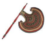 A brightly coloured 19th century crescent shaped Indian flag fan, or Pankha, with embroidery on clot