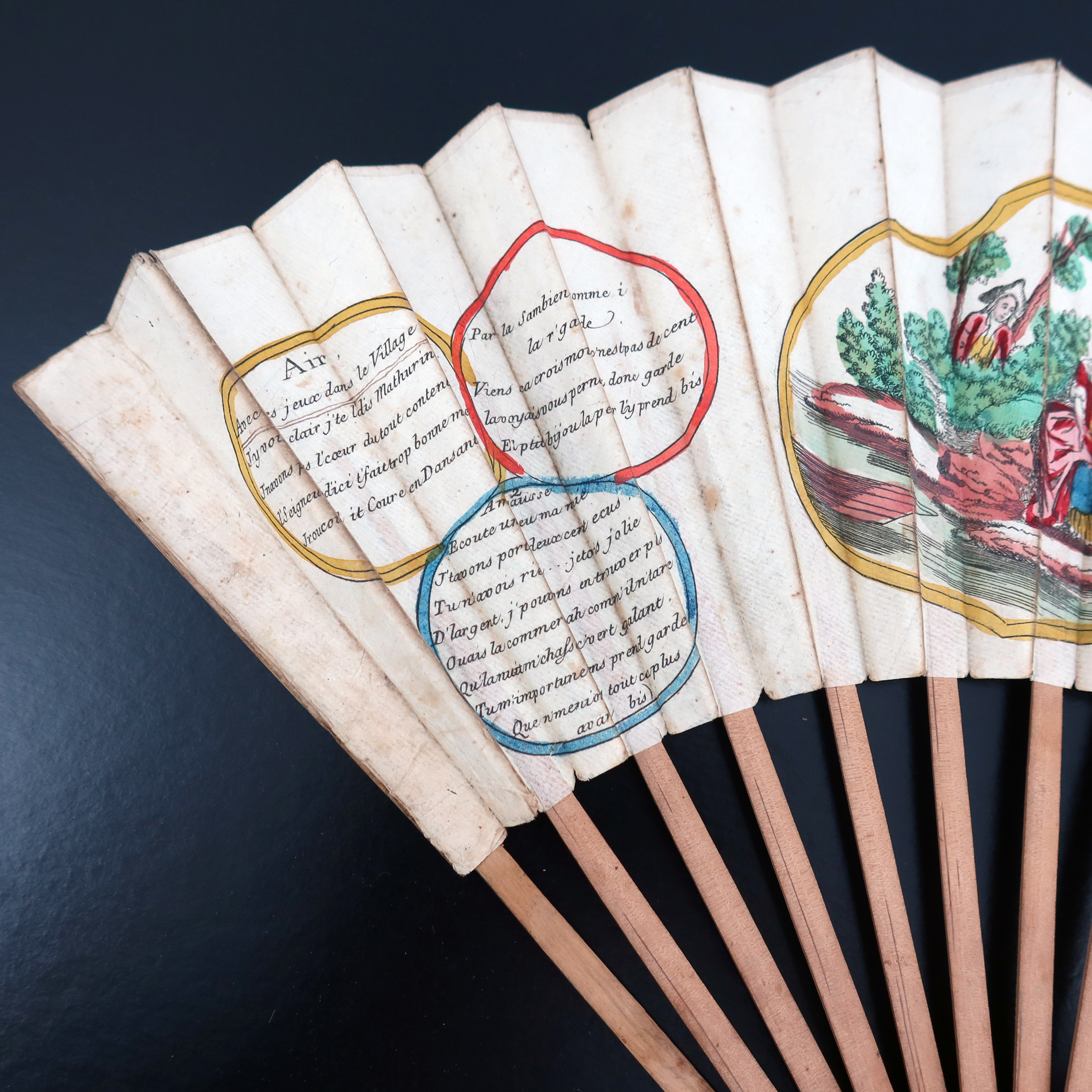 A French revolutionary period hand coloured fan entitled “La Coquette du Village”, with a central sc - Image 4 of 13