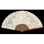An exquisite, large, Brussels Point de Gaze needle lace fan mounted on blonde tortoiseshell or resin