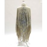 C 1900 to the 1920’s a Canton Chinese cream silk piano shawl, medium weight, embroidered almost thro