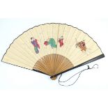 A Japanese fan, the monture a combination of plain black guards and bamboo gorge sticks, the leaf pa
