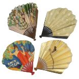 Four advertising fans, French, early 20th century, to include a near ballon form perfume fan adverti