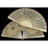 Two Large Late 19th Century Fans, the first, with pink Mother of Pearl monture, mounted with a cream