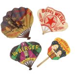 Four early 20th century French printed paper advertising fans, three folding, one fixed, two adverti