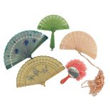 Five celluloid brisé fans for a young girl, varying sizes, including a small novelty fan attached to