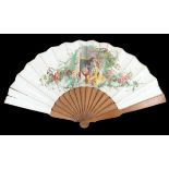 A Scarce fan for the perfumer Eugene Rimmel London Paris, double paper leaf mounted on tan wood with