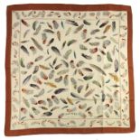 Vintage Hermès silk carré, “Plumes”, designed by Henri de Linares, 1953, ginger border, hand-rolled