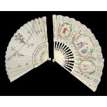 A mid to late 18th century decoupé fan, the paper leaf mounted on bone, the guards painted with flow