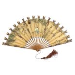 Circa 1890’s, a large decorative wood fan, the gorge plain, the guards carved with veined leaves and