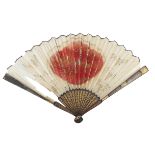 A very unusual Chinese fan, late 18th century, the wood guards and gorge lacquered in black and deco
