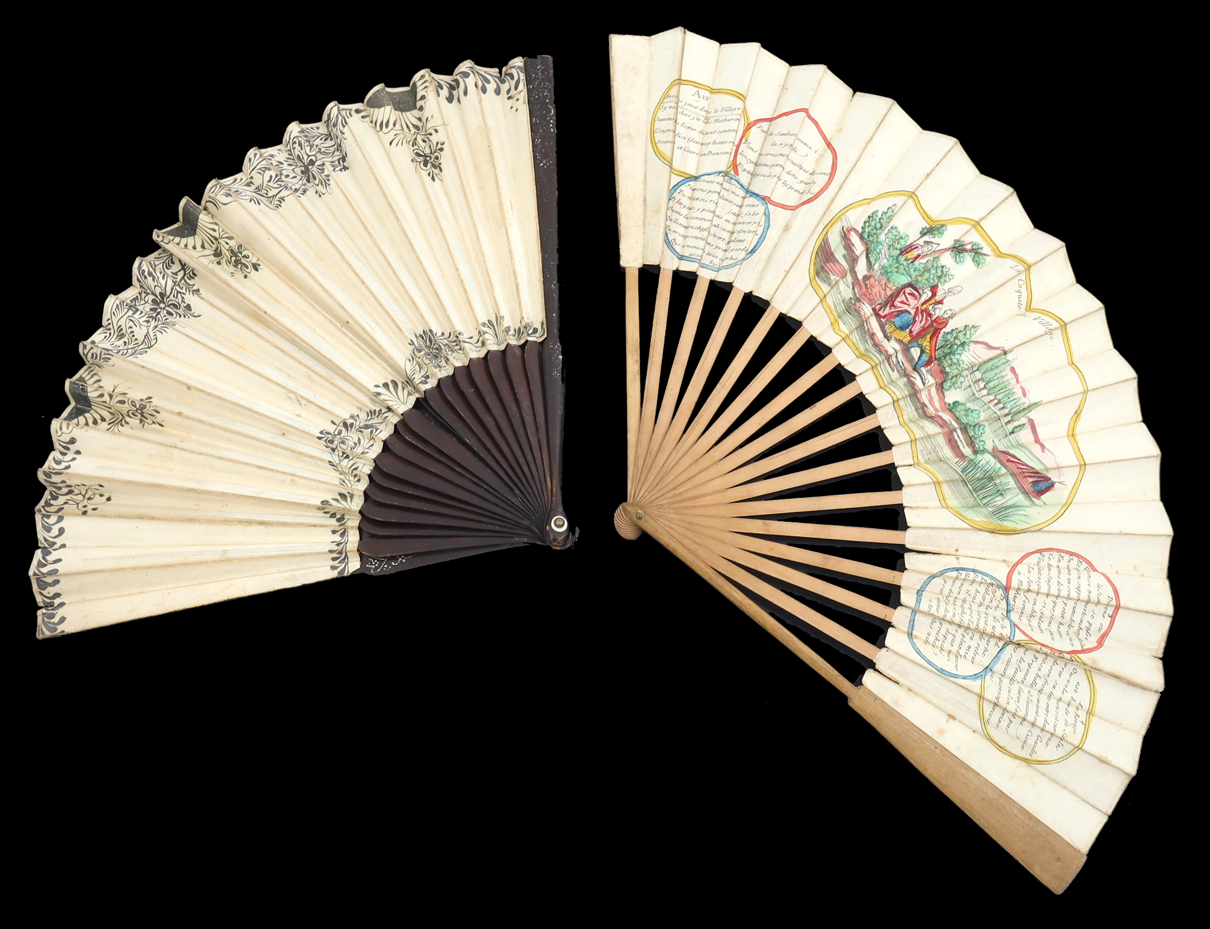 A French revolutionary period hand coloured fan entitled “La Coquette du Village”, with a central sc