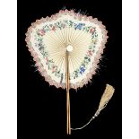 An unusual shaped 19th century cockade fan, the guards painted with flowers and varnished, the lower