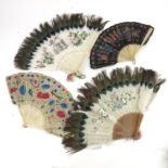 Four mid-19th century, Qing Dynasty, Chinese feather fans, two tipped with peacock feather, the fir