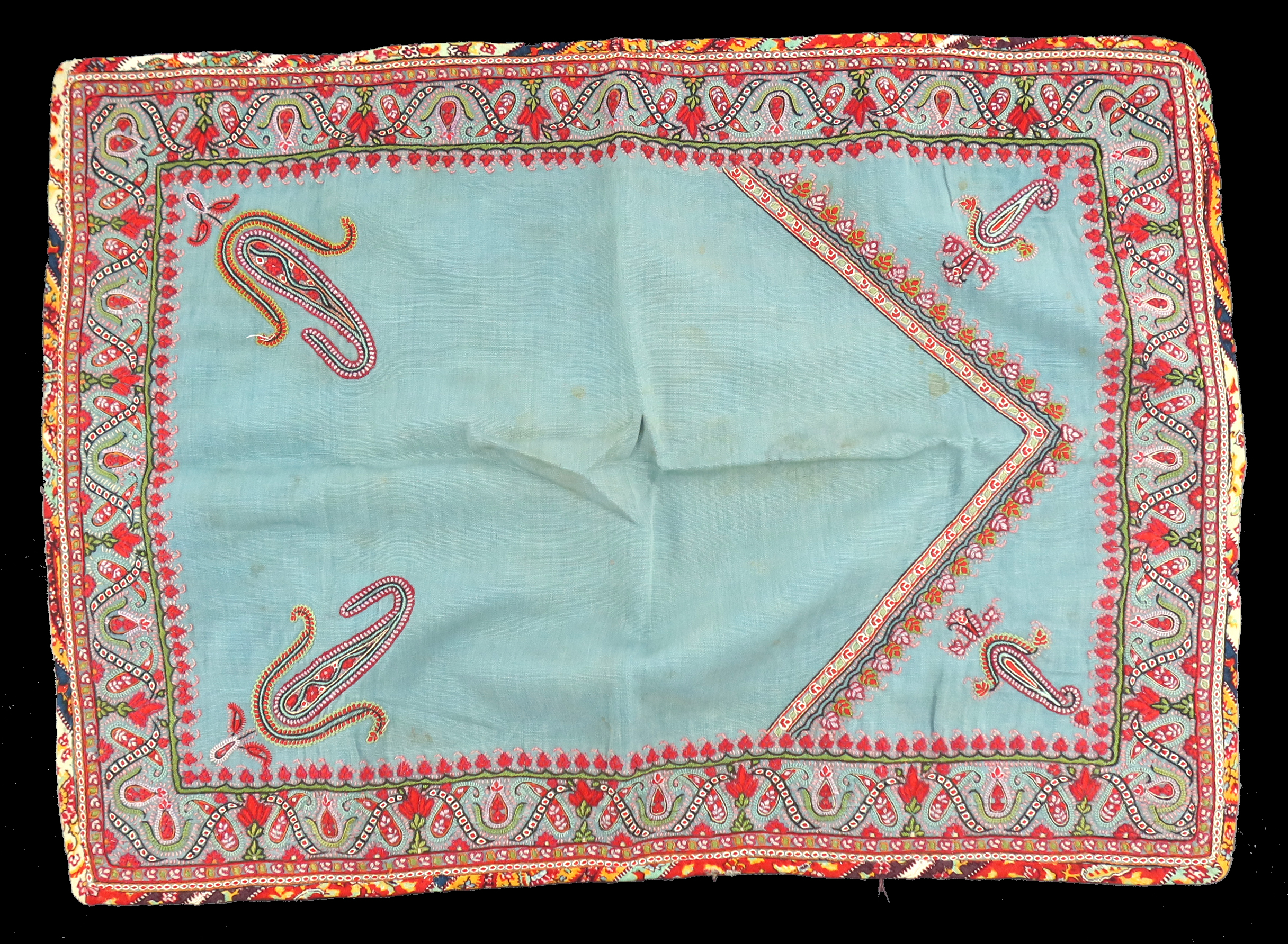 A finely embroidered rectangular cover, probably Persian, early 19th century, worked on a light turq