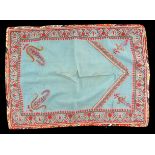 A finely embroidered rectangular cover, probably Persian, early 19th century, worked on a light turq