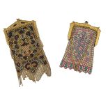 Two mesh purses with embossed gold metal frames and chain handles, fringed, in the style of Whiting