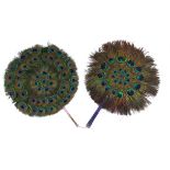 Two fixed hand fans or face screens, the circular panels applied with peacock feathers with differen