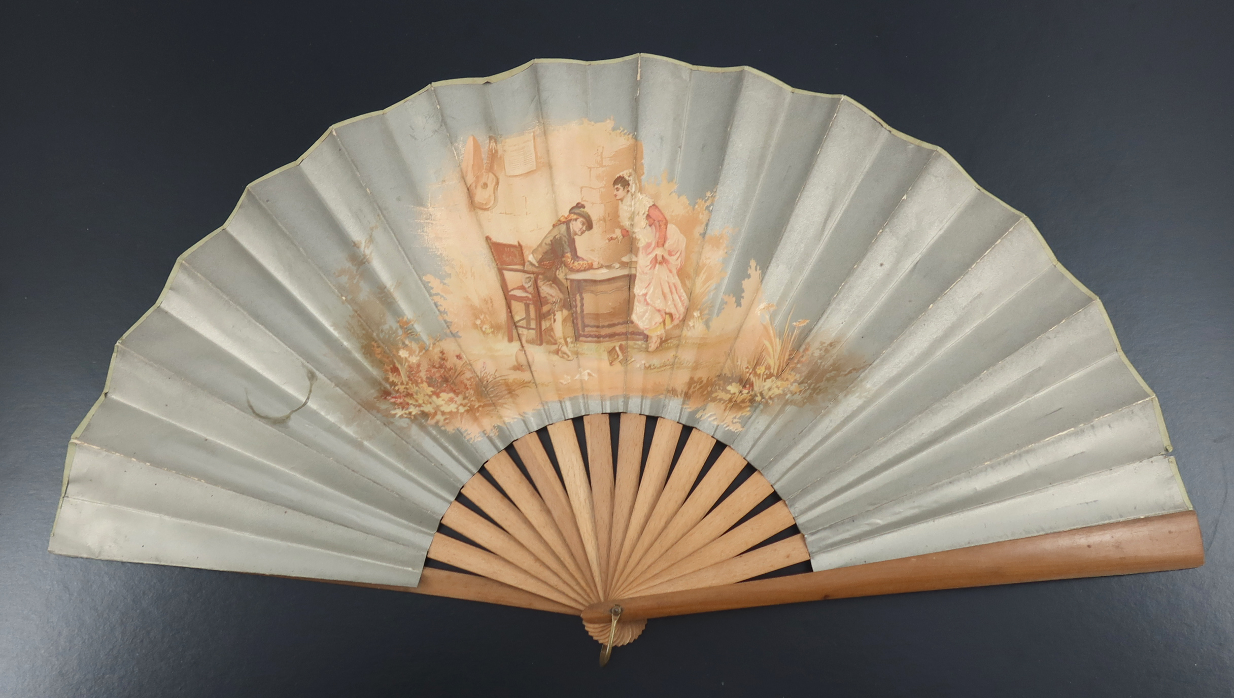 Three large wood fans from the 1890’s, the first with simple gilding to the monture, the taupe silk - Image 5 of 9