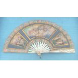 A small paper fan, the leaf in gold, blue and pastels, a central cartouche showing a naked Venus wit