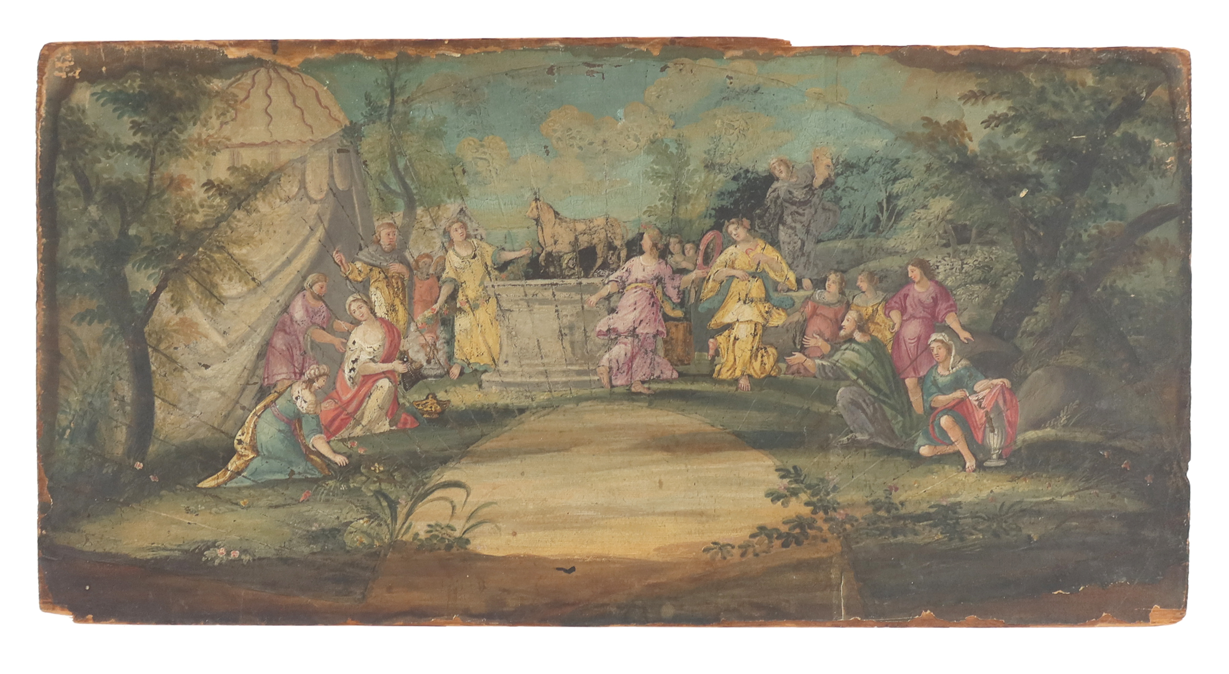 An 18th century extended fan leaf mounted on wood, a French stock label on the verso, depicting the