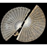Two 1890’s summer fans, the first with an embroidered net leaf, in mustard, cream and pale pink silk
