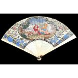 A vibrantly painted gorge section of an 18th century ivory fan, converted into a brisé by means of r