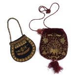 Two vintage embroidered bags of Indian origin, the first with gold metal thread embroidery on ruby v