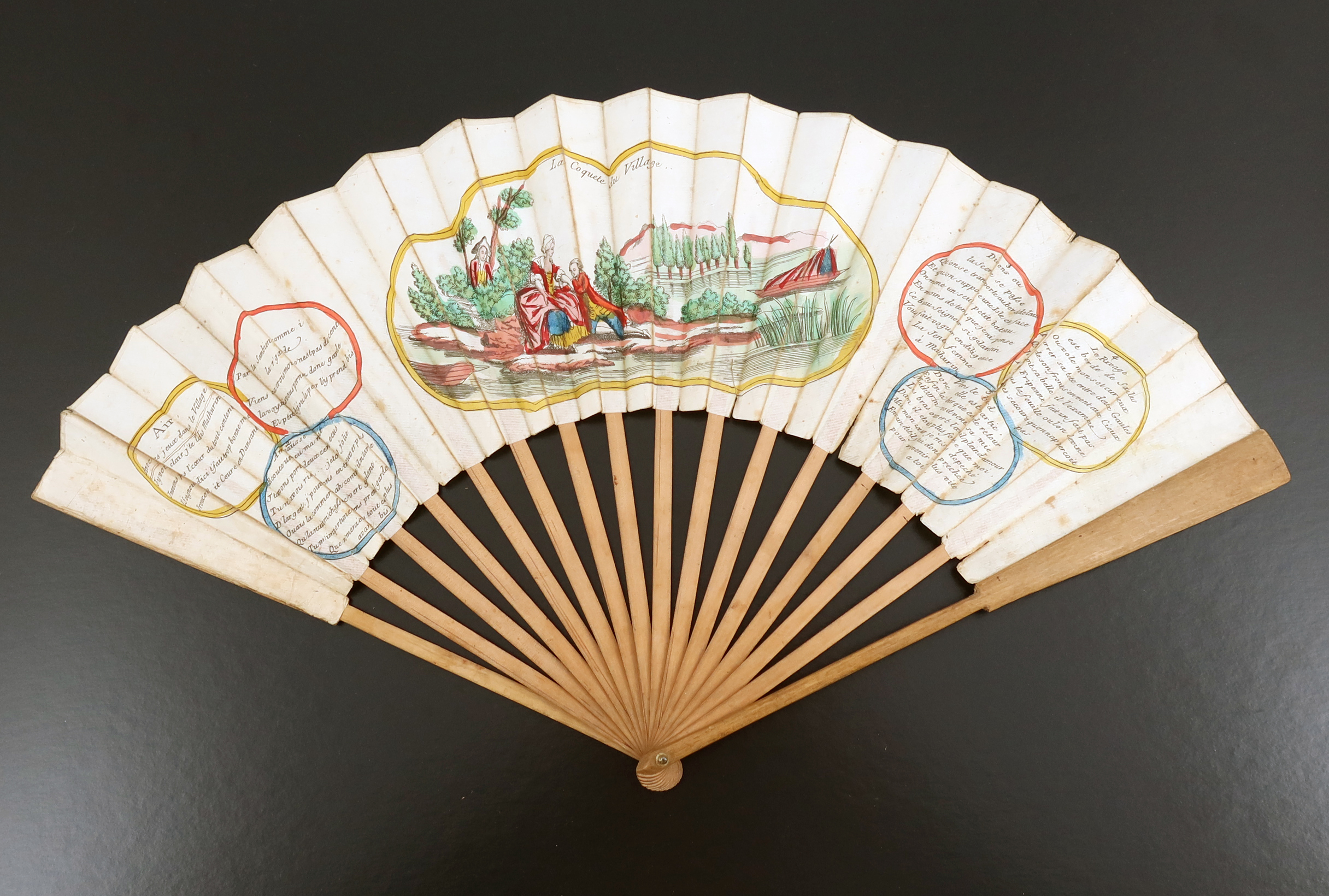 A French revolutionary period hand coloured fan entitled “La Coquette du Village”, with a central sc - Image 2 of 13