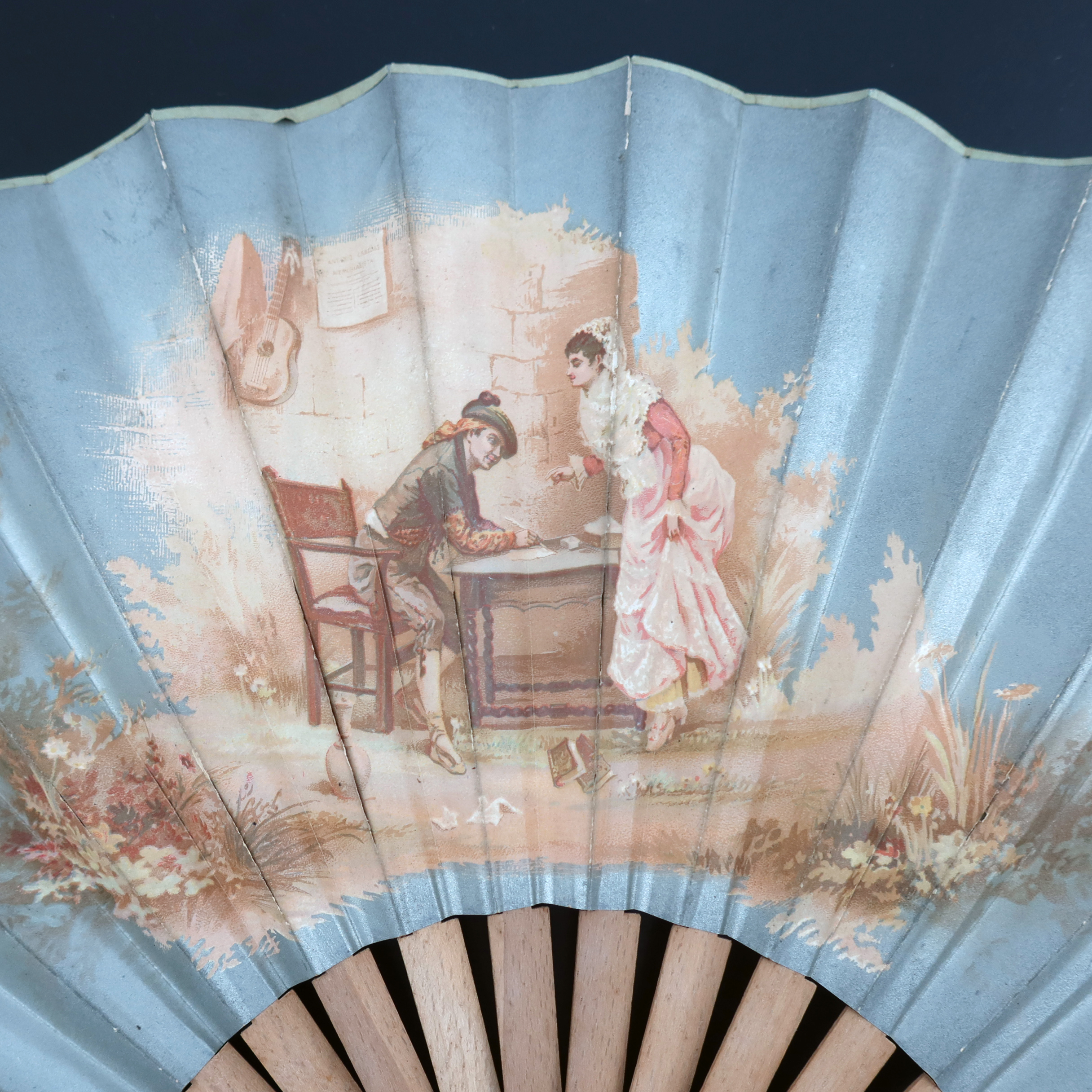 Three large wood fans from the 1890’s, the first with simple gilding to the monture, the taupe silk - Image 6 of 9