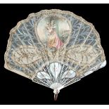 A small Art Nouveau fan of fontange form, the monture of white mother of pearl, carved, pierced, wit