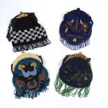 Four 1920’s beaded bags with beadwork fringes and three with decorative plastic frames, often consid